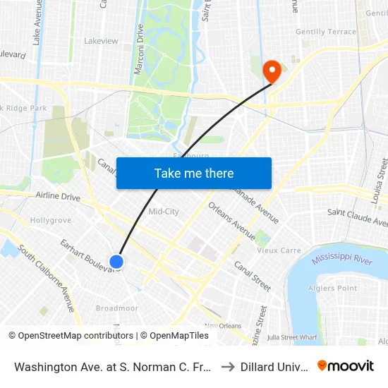Washington Ave. at S. Norman C. Francis Pkwy. to Dillard University map