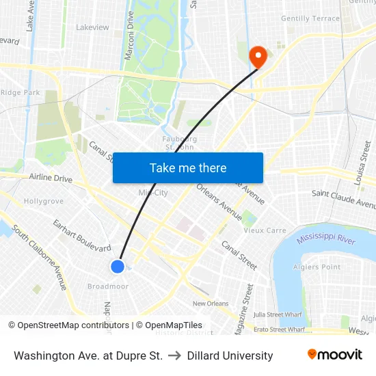 Washington Ave. at Dupre St. to Dillard University map