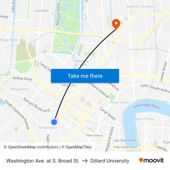 Washington Ave. at S. Broad St. to Dillard University map