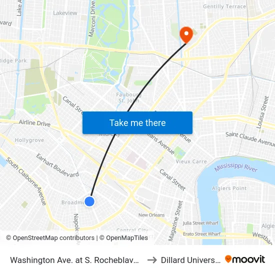 Washington Ave. at S. Rocheblave St. to Dillard University map
