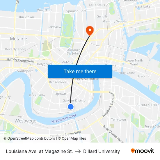 Louisiana Ave. at Magazine St. to Dillard University map