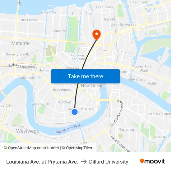 Louisiana Ave. at Prytania Ave. to Dillard University map