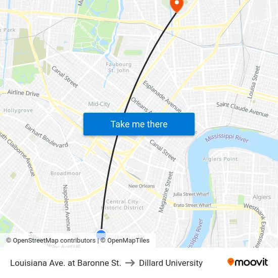 Louisiana Ave. at Baronne St. to Dillard University map