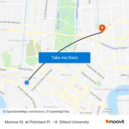 Monroe St. at Pritchard Pl. to Dillard University map