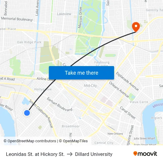 Leonidas St. at Hickory St. to Dillard University map