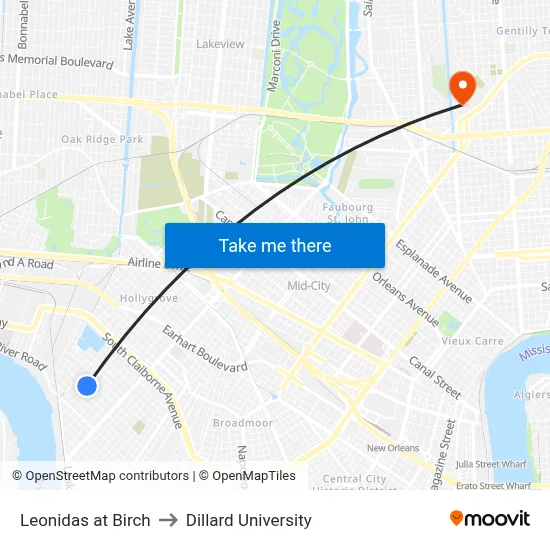 Leonidas at Birch to Dillard University map