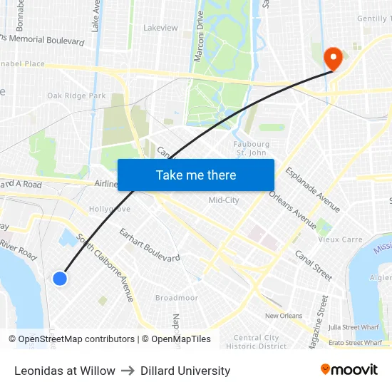 Leonidas at Willow to Dillard University map