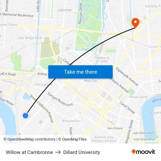 Willow at Cambronne to Dillard University map