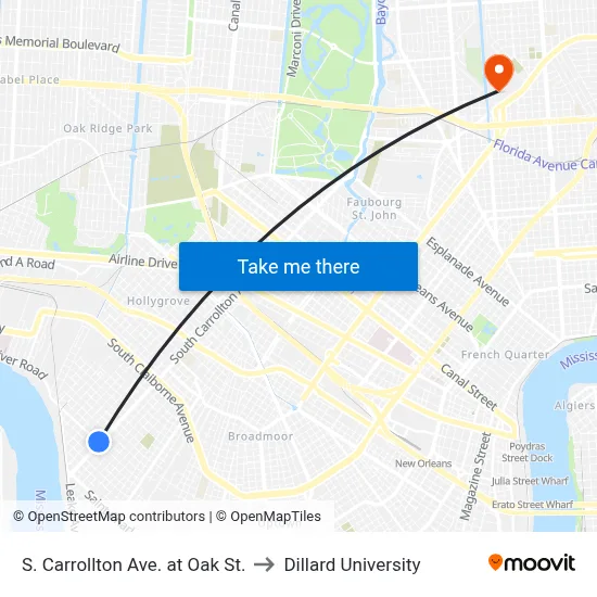 S. Carrollton Ave. at Oak St. to Dillard University map