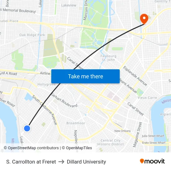 S. Carrollton at Freret to Dillard University map