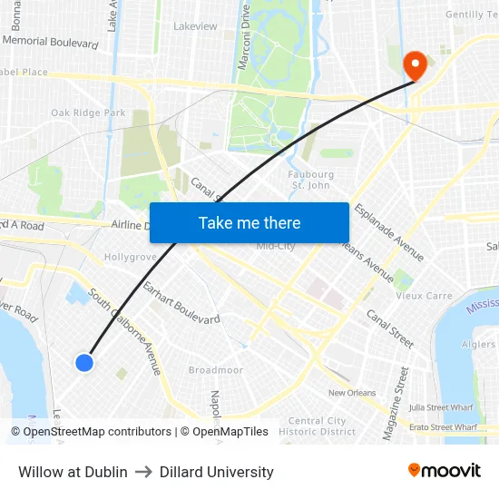 Willow at Dublin to Dillard University map