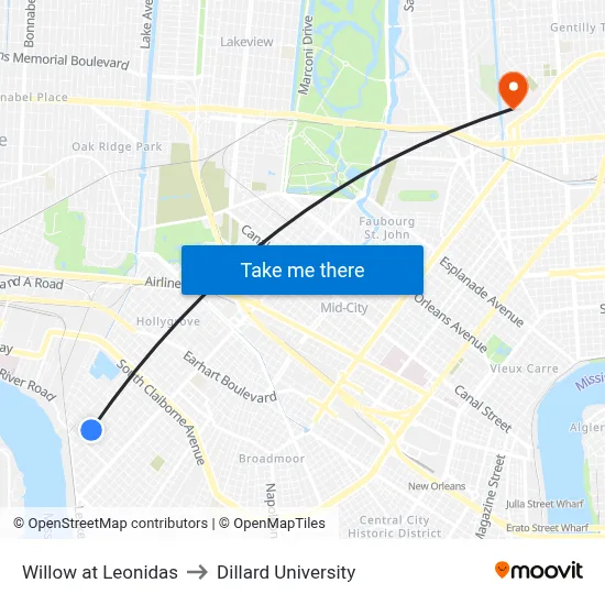 Willow at Leonidas to Dillard University map