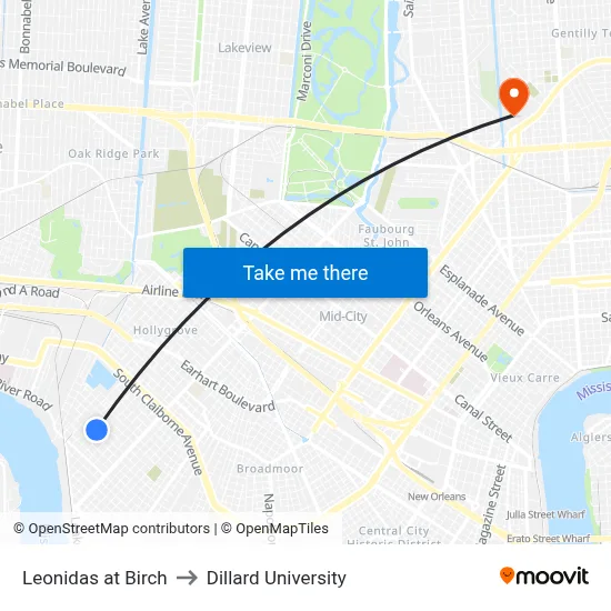 Leonidas at Birch to Dillard University map