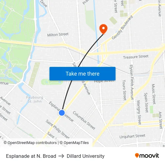 Esplanade at N. Broad to Dillard University map