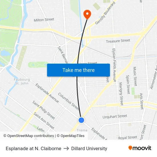Esplanade at N. Claiborne to Dillard University map