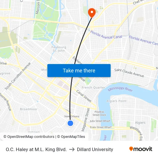 O.C. Haley at M.L. King Blvd. to Dillard University map