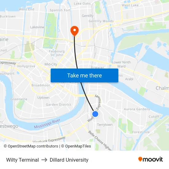 Wilty Terminal to Dillard University map