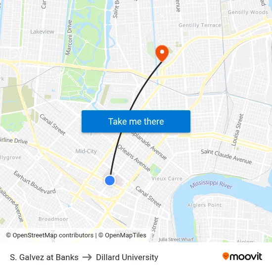 S. Galvez at Banks to Dillard University map