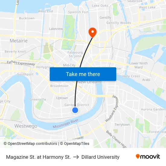 Magazine St. at Harmony St. to Dillard University map