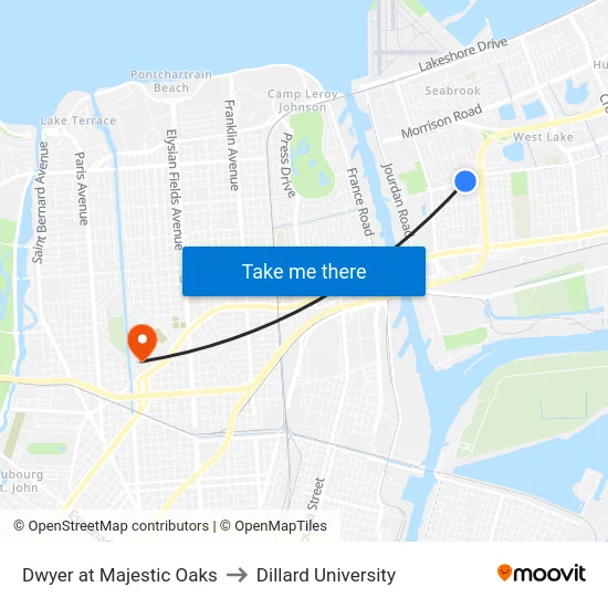 Dwyer at Majestic Oaks to Dillard University map