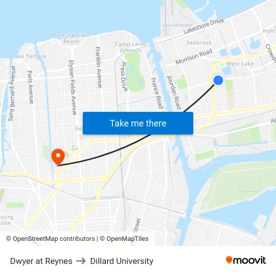 Dwyer at Reynes to Dillard University map