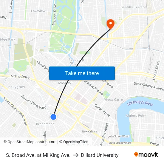 S. Broad Ave. at Ml King Ave. to Dillard University map
