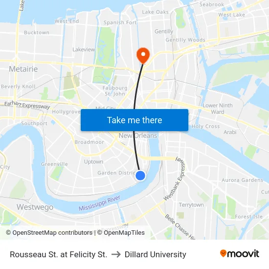 Rousseau St. at Felicity St. to Dillard University map