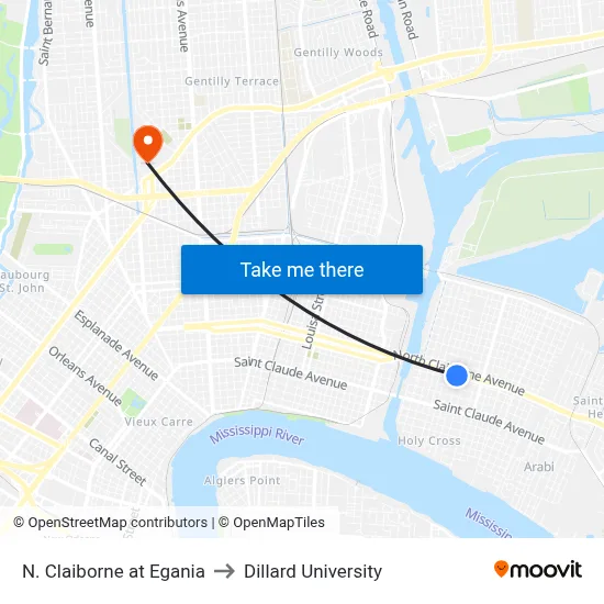 N. Claiborne at Egania to Dillard University map