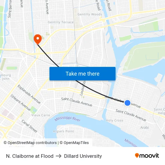 N. Claiborne at Flood to Dillard University map