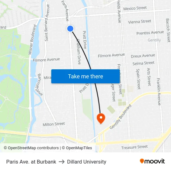 Paris Ave. at Burbank to Dillard University map
