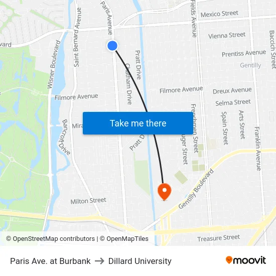 Paris Ave. at Burbank to Dillard University map