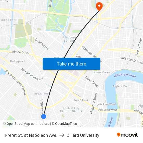 Freret St. at Napoleon Ave. to Dillard University map