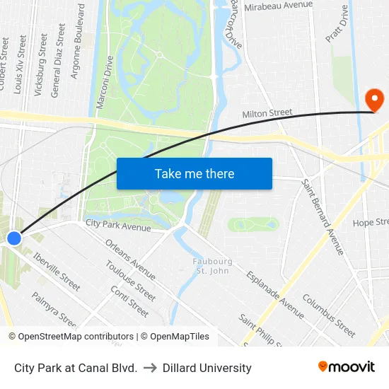 City Park at Canal Blvd. to Dillard University map