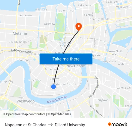 Napoleon at St Charles to Dillard University map
