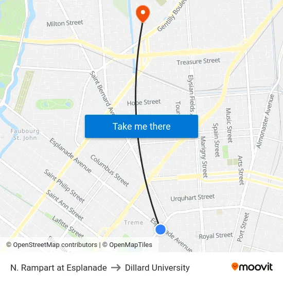 N. Rampart at Esplanade to Dillard University map