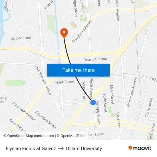 Elysian Fields at Galvez to Dillard University map