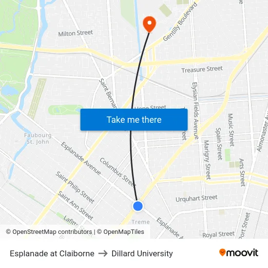 Esplanade at Claiborne to Dillard University map