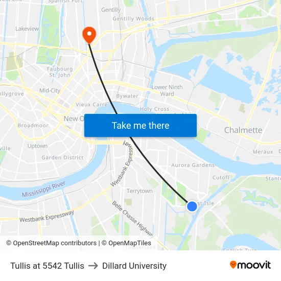 Tullis at 5542 Tullis to Dillard University map