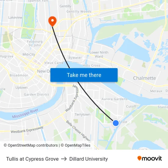 Tullis at Cypress Grove to Dillard University map