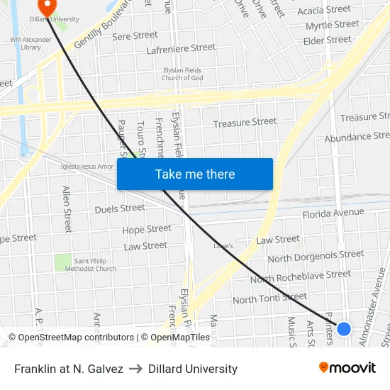 Franklin at N. Galvez to Dillard University map