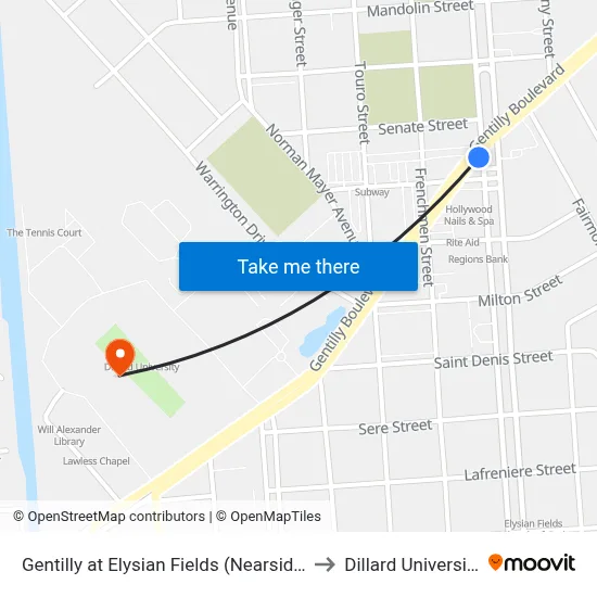 Gentilly at Elysian Fields (Nearside) to Dillard University map