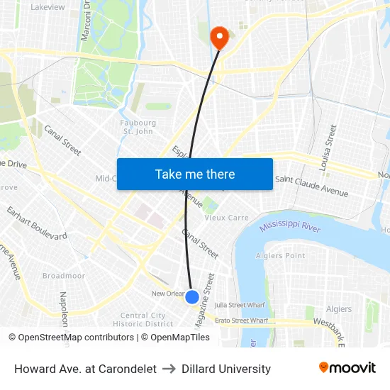 Howard Ave. at Carondelet to Dillard University map
