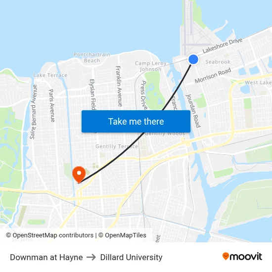 Downman at Hayne to Dillard University map