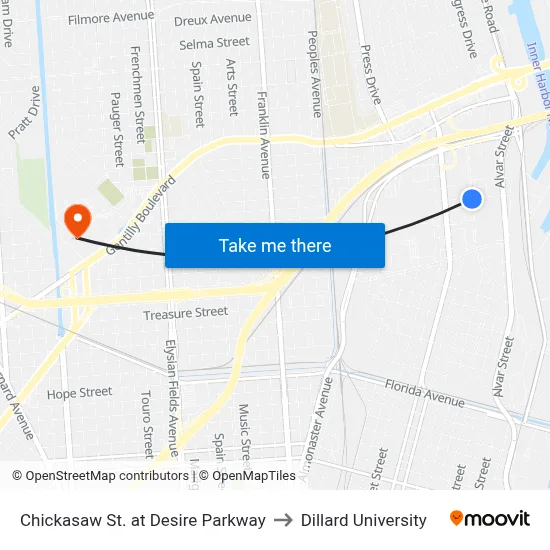 Chickasaw St. at Desire Parkway to Dillard University map