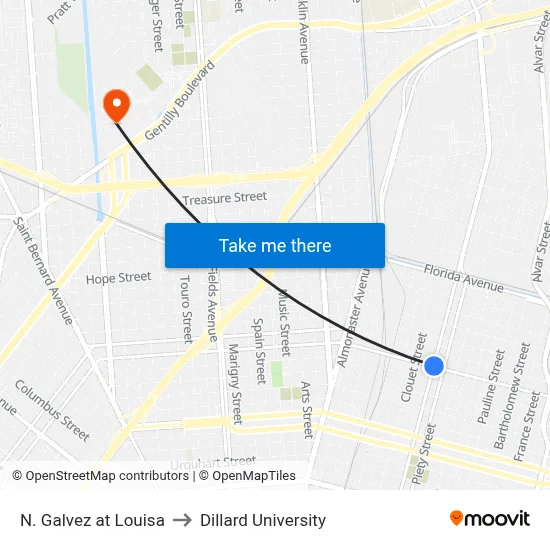 N. Galvez at Louisa to Dillard University map