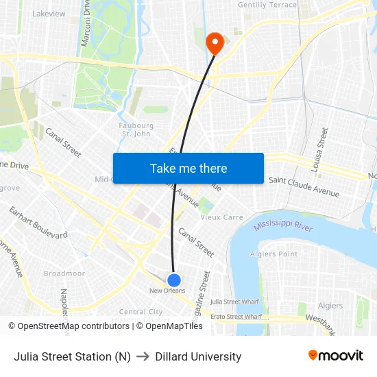 Julia Street Station (N) to Dillard University map
