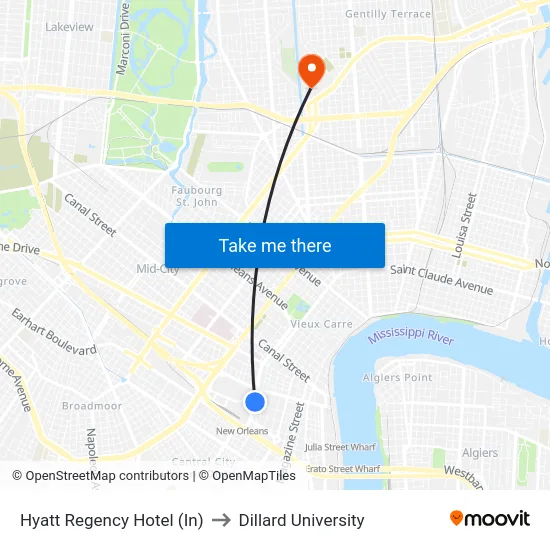 Hyatt Regency Hotel (In) to Dillard University map