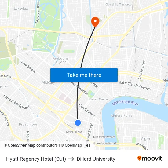 Hyatt Regency Hotel (Out) to Dillard University map