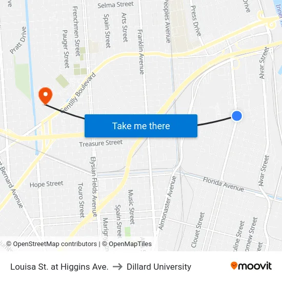 Louisa St. at Higgins Ave. to Dillard University map