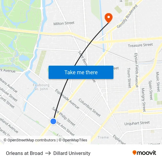 Orleans at Broad to Dillard University map